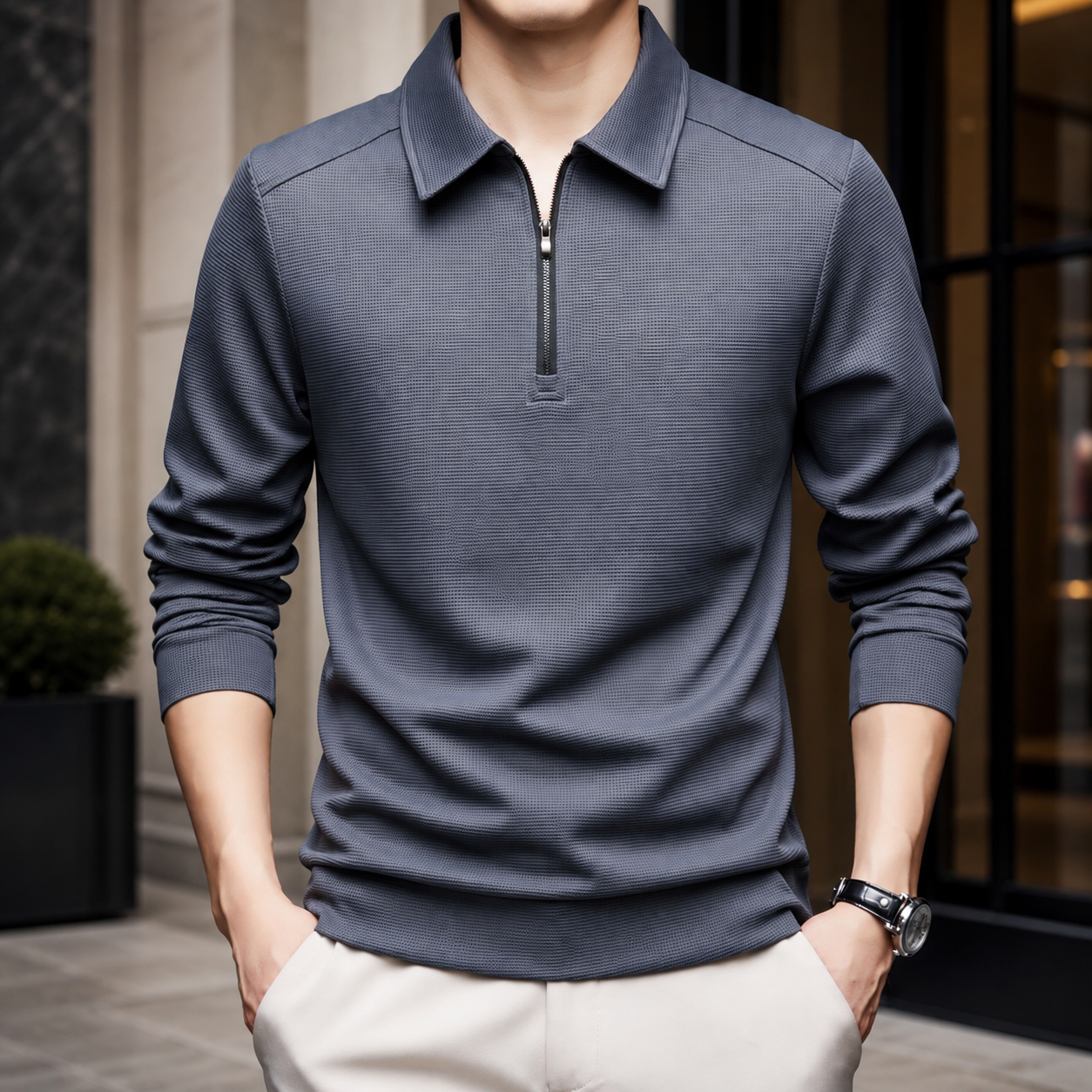 Lorenzo Men's Textured Quarter-Zip Long Sleeve Polo Shirt