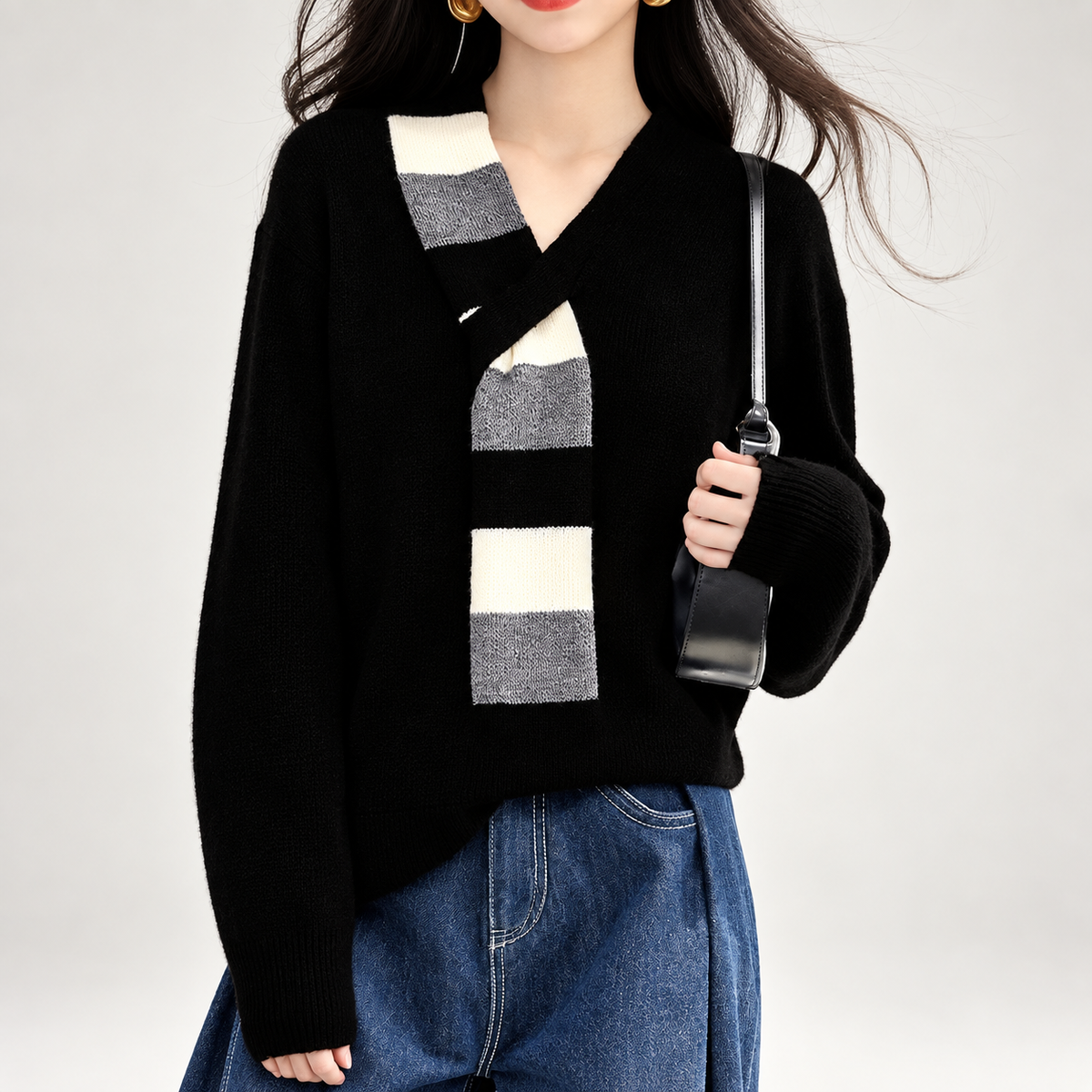Camille Colorblock Scarf Collar Knit Sweater
