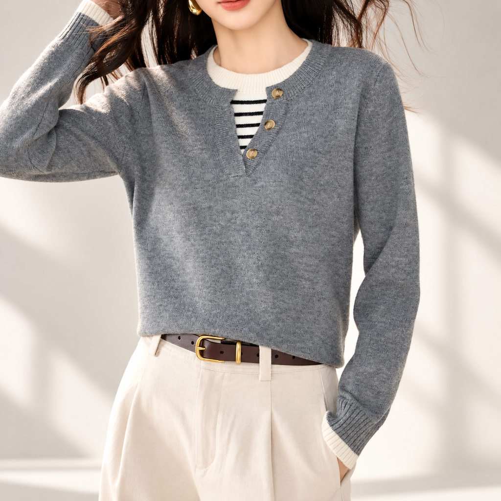 Camille Women’s Contrast Trim Button-Placket Knit Sweater
