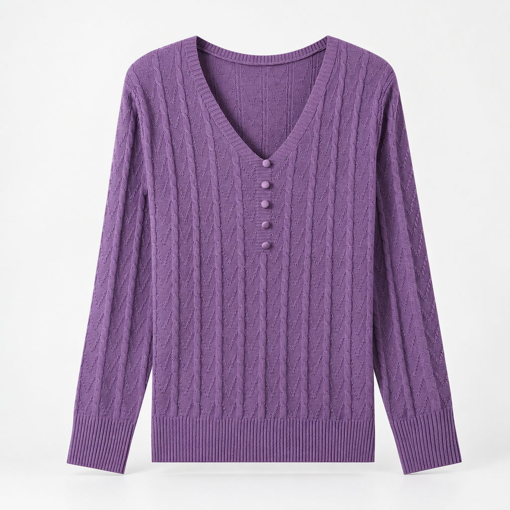 Francesca Women's Cable Knit V-Neck Sweater with Decorative Button Placket