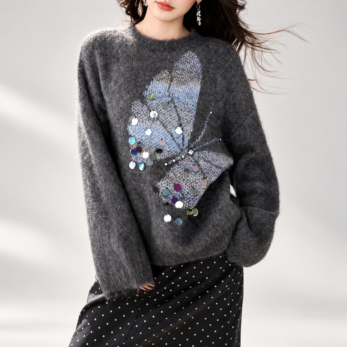Margot Embellished Butterfly Fuzzy Knit Sweater
