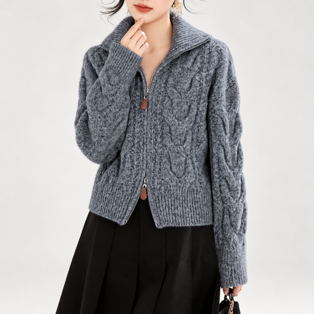 Elena Women’s Cable Knit Zip Cardigan with Stand Collar