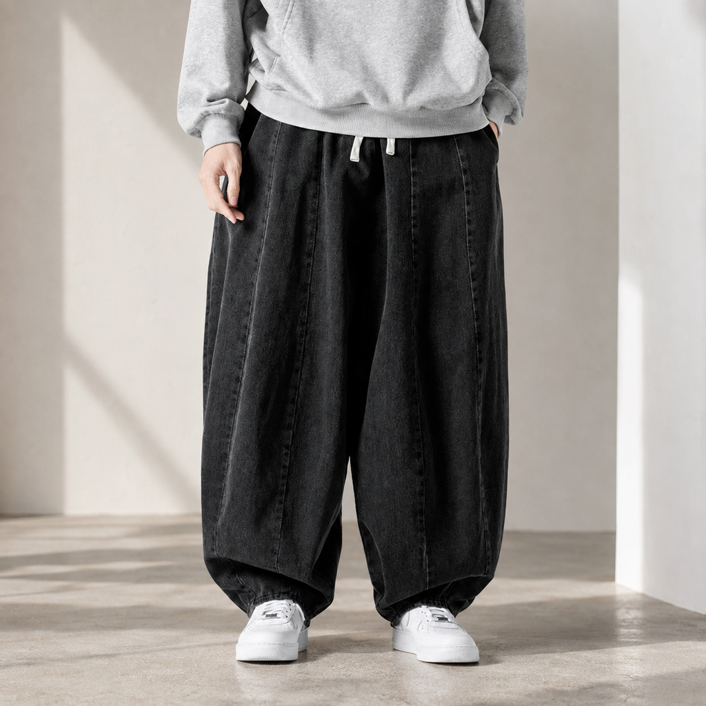 Lorenzo Men’s Balloon Fit Drawstring Denim-Look Pants