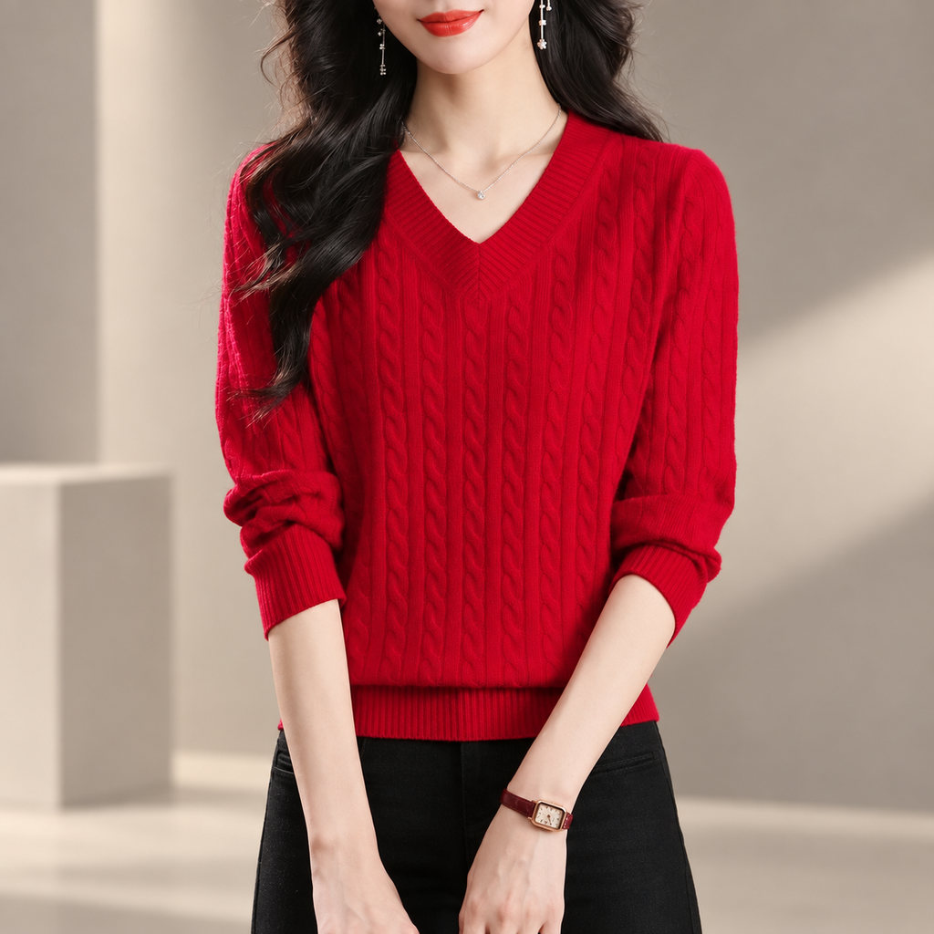 Valentina Women's Cable Knit V-Neck Sweater with Ribbed Trim
