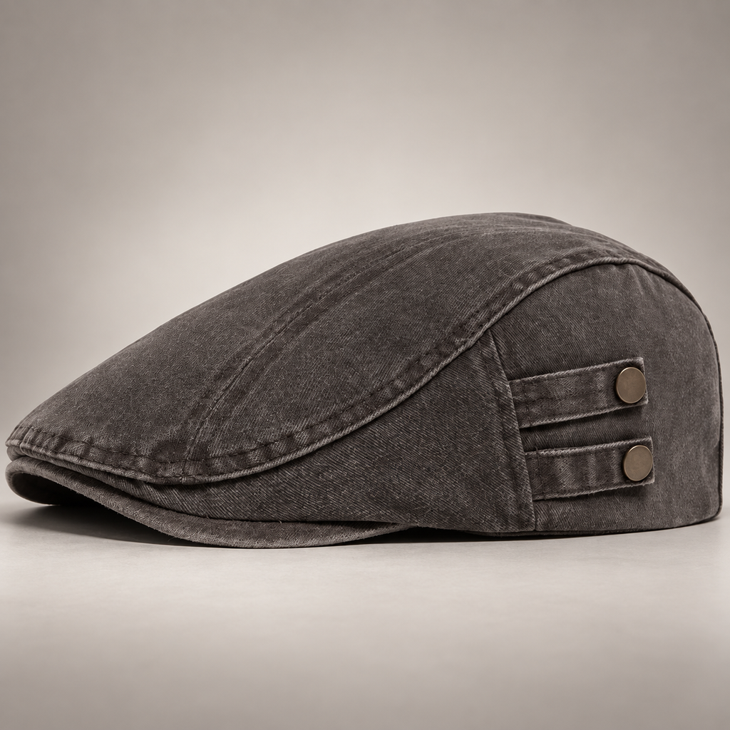 Bennett Washed Cotton Flat Cap with Side Button Detail