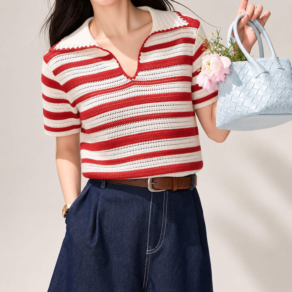 Lucia Red & Cream Striped Open-Knit Polo Top