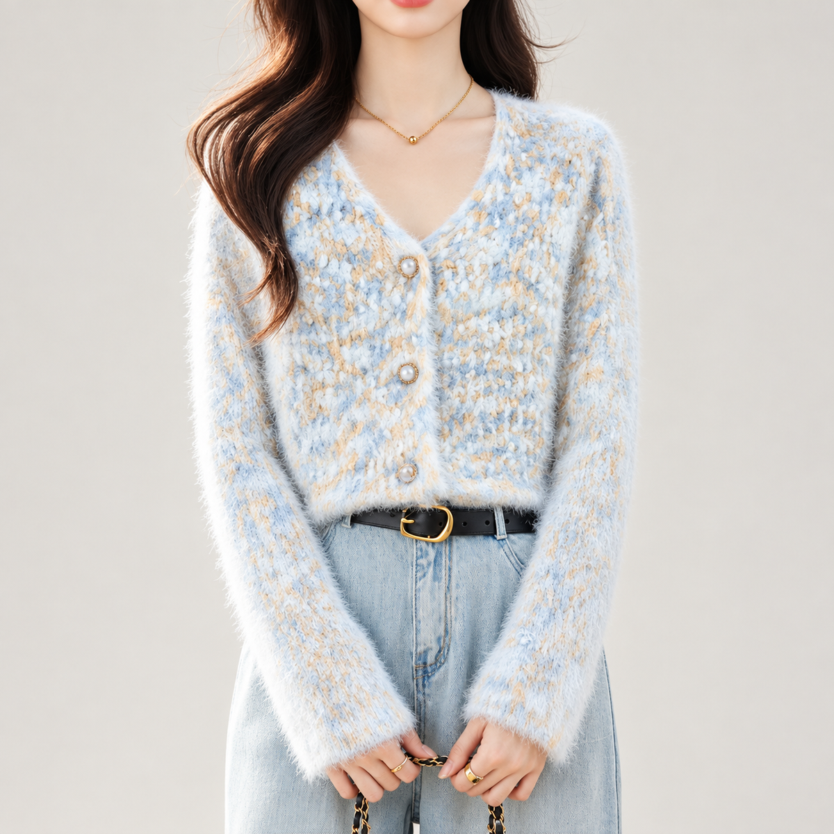 Camille Pastel Fuzzy Knit V-Neck Cardigan for Women
