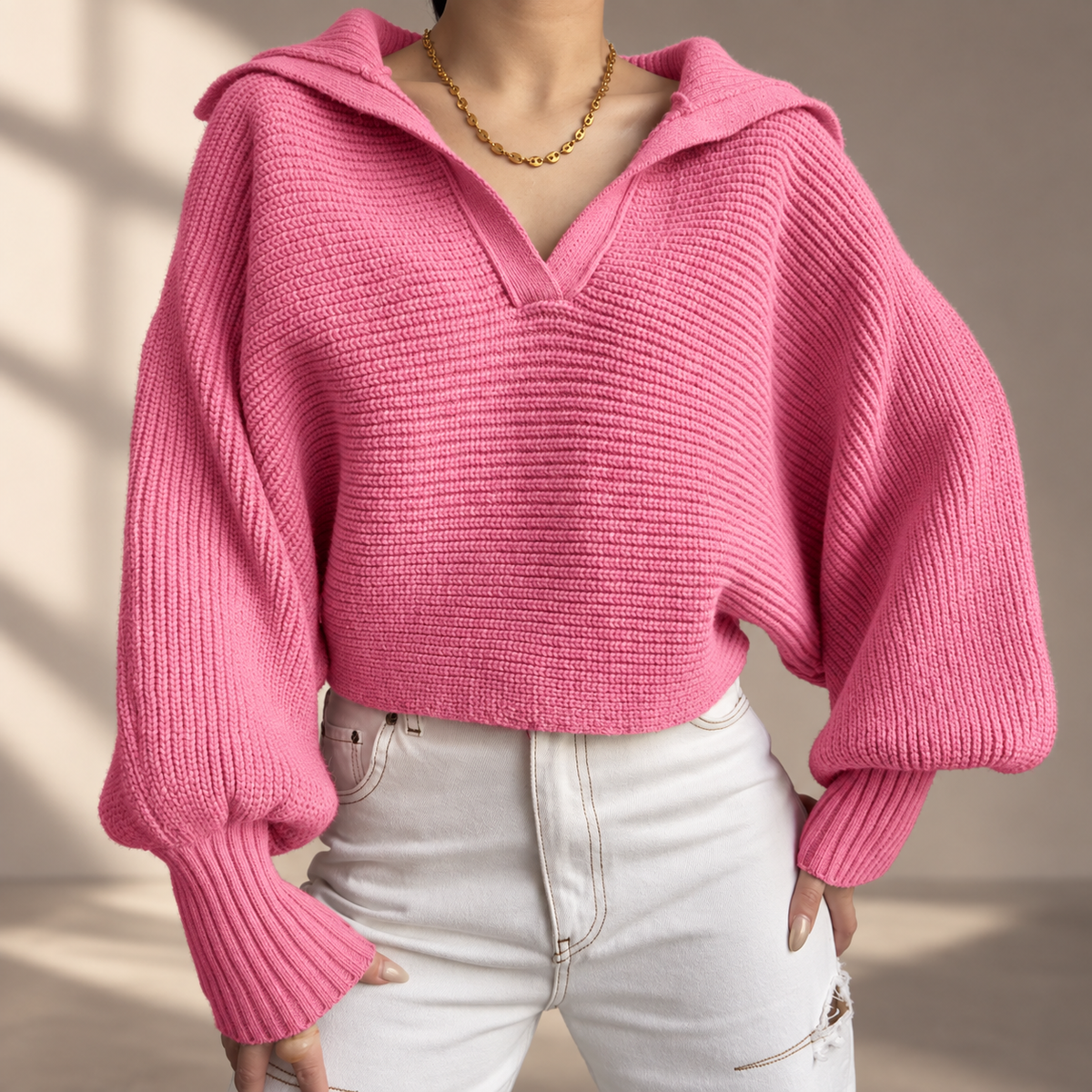 Colette Women’s Oversized Collared Knit Sweater – Ribbed Long Sleeve Pullover