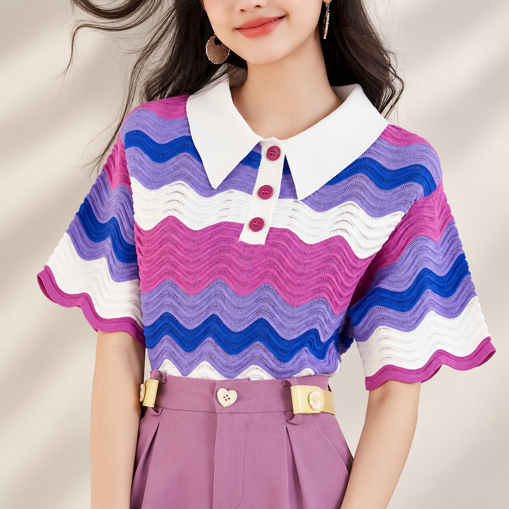 Camille Wave-Knit Polo Top