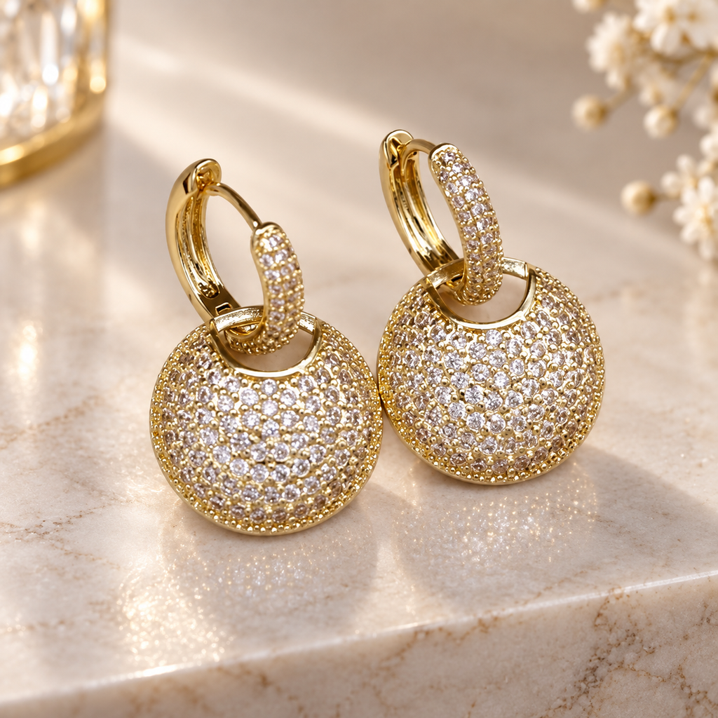Margaux Pavé Disc Drop Earrings – Crystal Huggie Earrings in Gold or Silver Tone