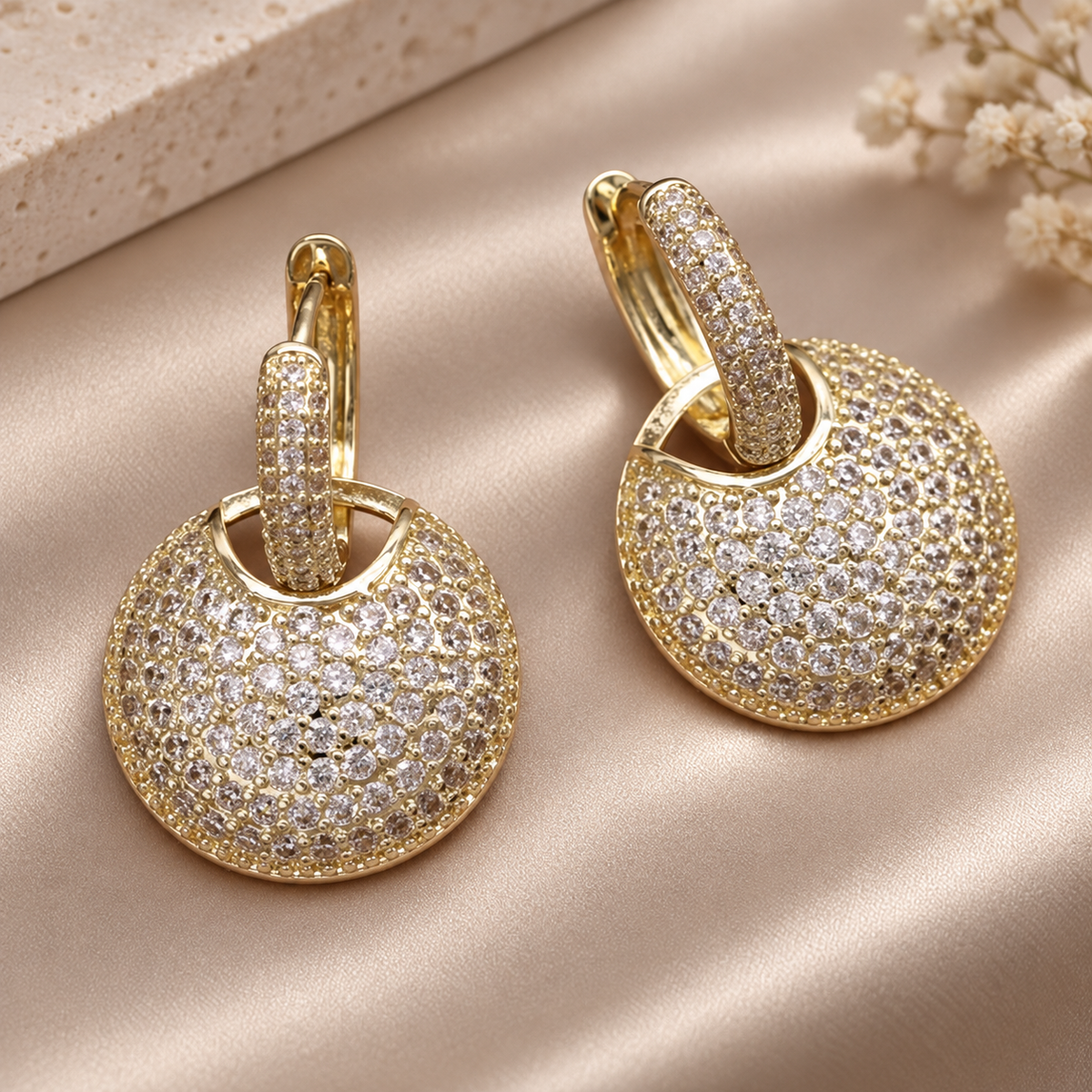 Margaux Pavé Disc Drop Earrings – Crystal Huggie Earrings in Gold or Silver Tone