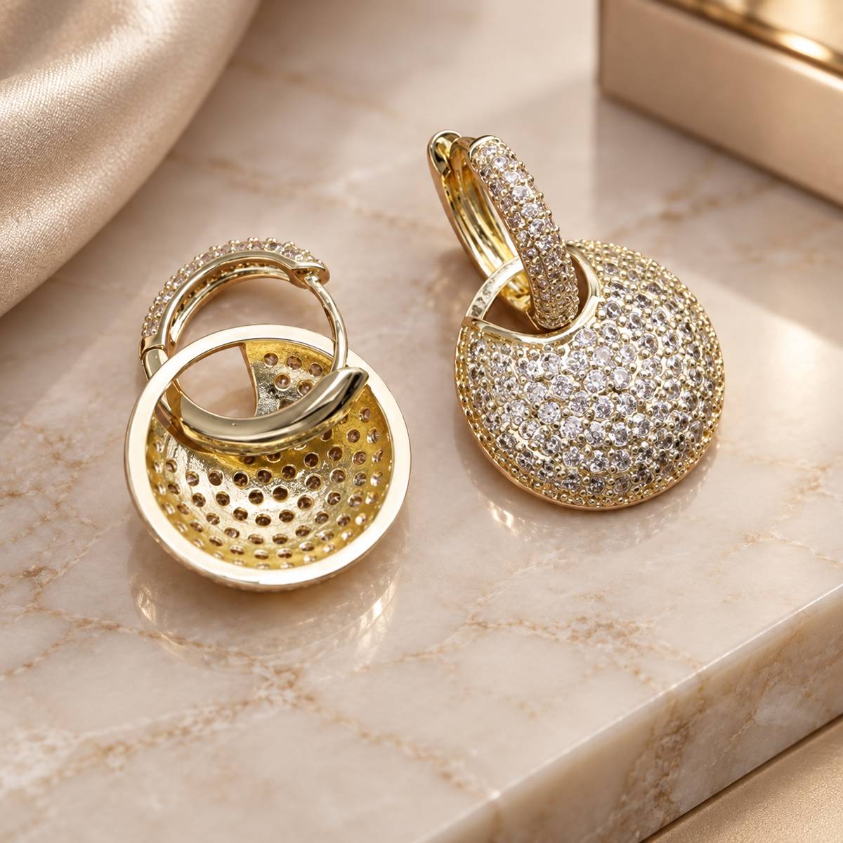 Margaux Pavé Disc Drop Earrings – Crystal Huggie Earrings in Gold or Silver Tone