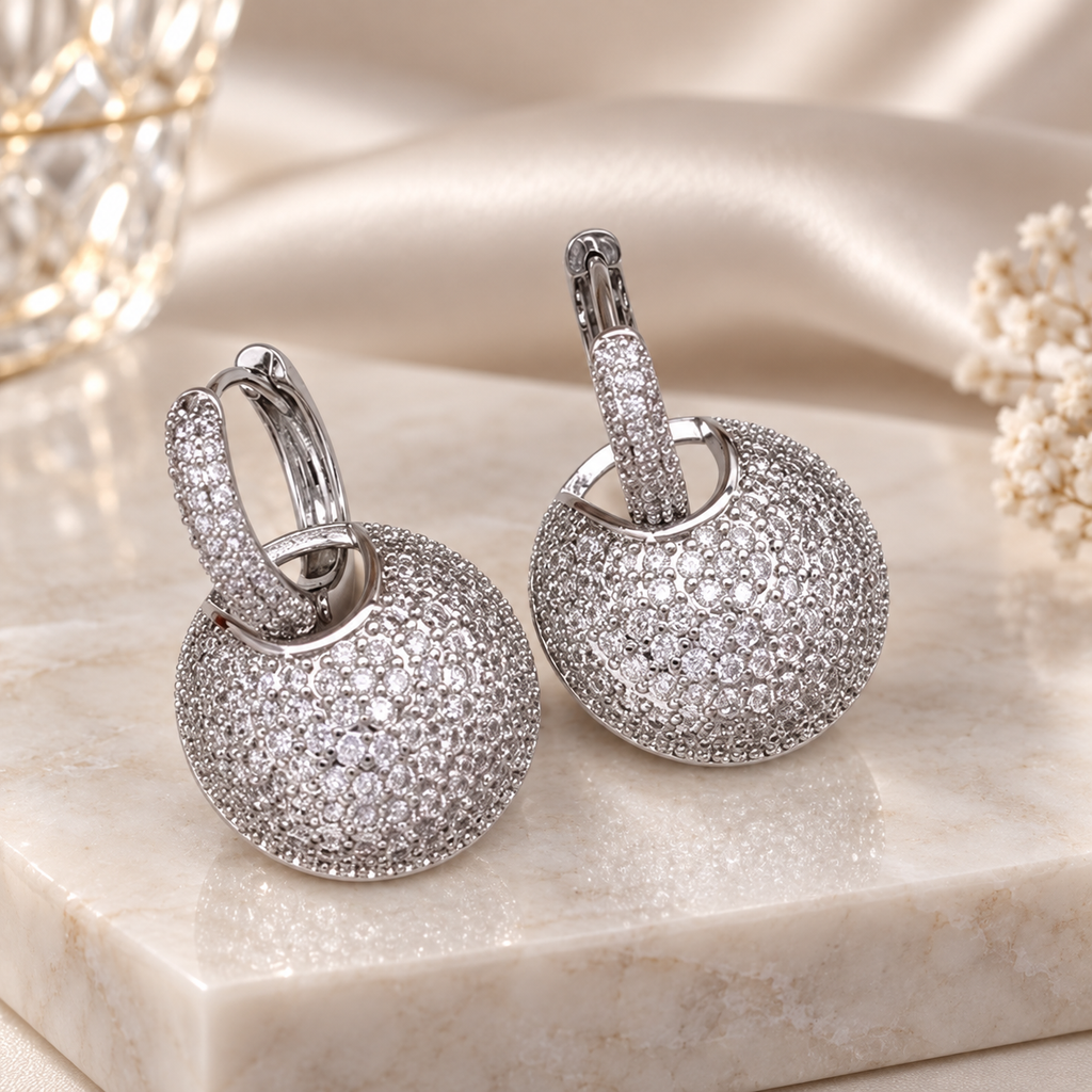 Margaux Pavé Disc Drop Earrings – Crystal Huggie Earrings in Gold or Silver Tone