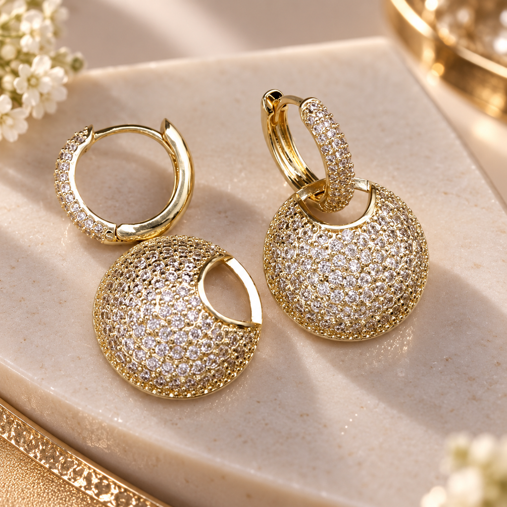 Margaux Pavé Disc Drop Earrings – Crystal Huggie Earrings in Gold or Silver Tone