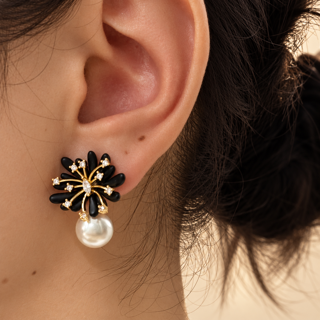 Camille Floral Pearl Drop Stud Earrings – Crystal Accent Flower Statement Earrings