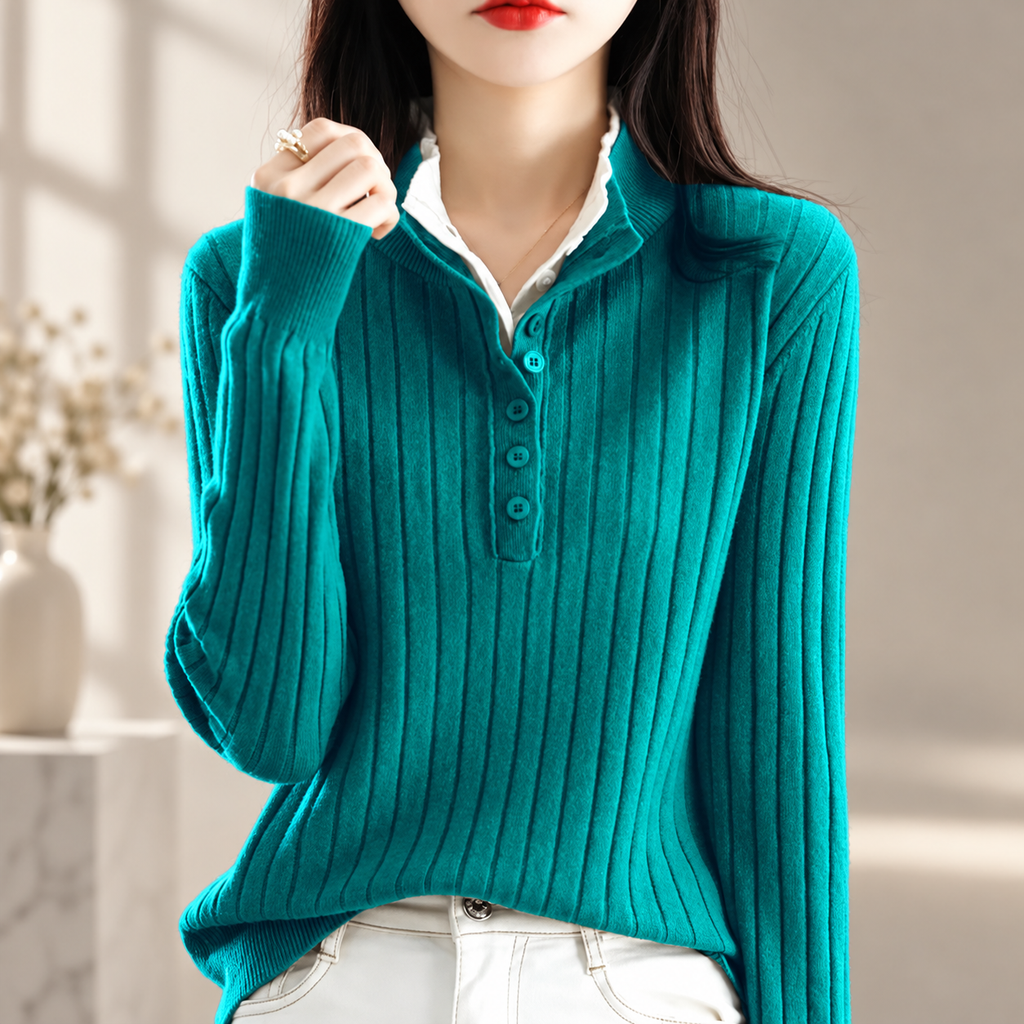 Felicity Women’s Ribbed Polo Knit Sweater – Long Sleeve Button Placket Pullover
