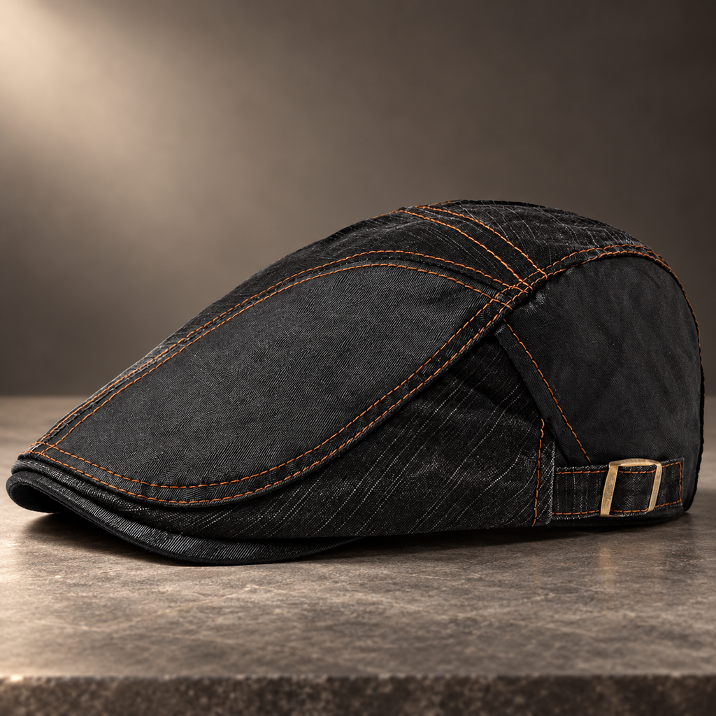 Ronan Men’s Washed Flat Cap – Adjustable Contrast Stitch Driving Hat