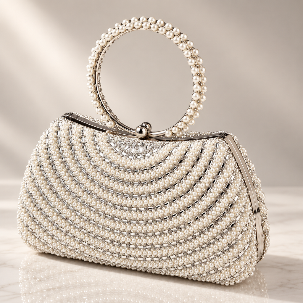 Camille Pearl Beaded Ring Handle Evening Clutch Bag