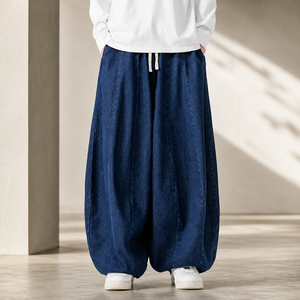 Lorenzo Men’s Balloon Fit Drawstring Denim-Look Pants