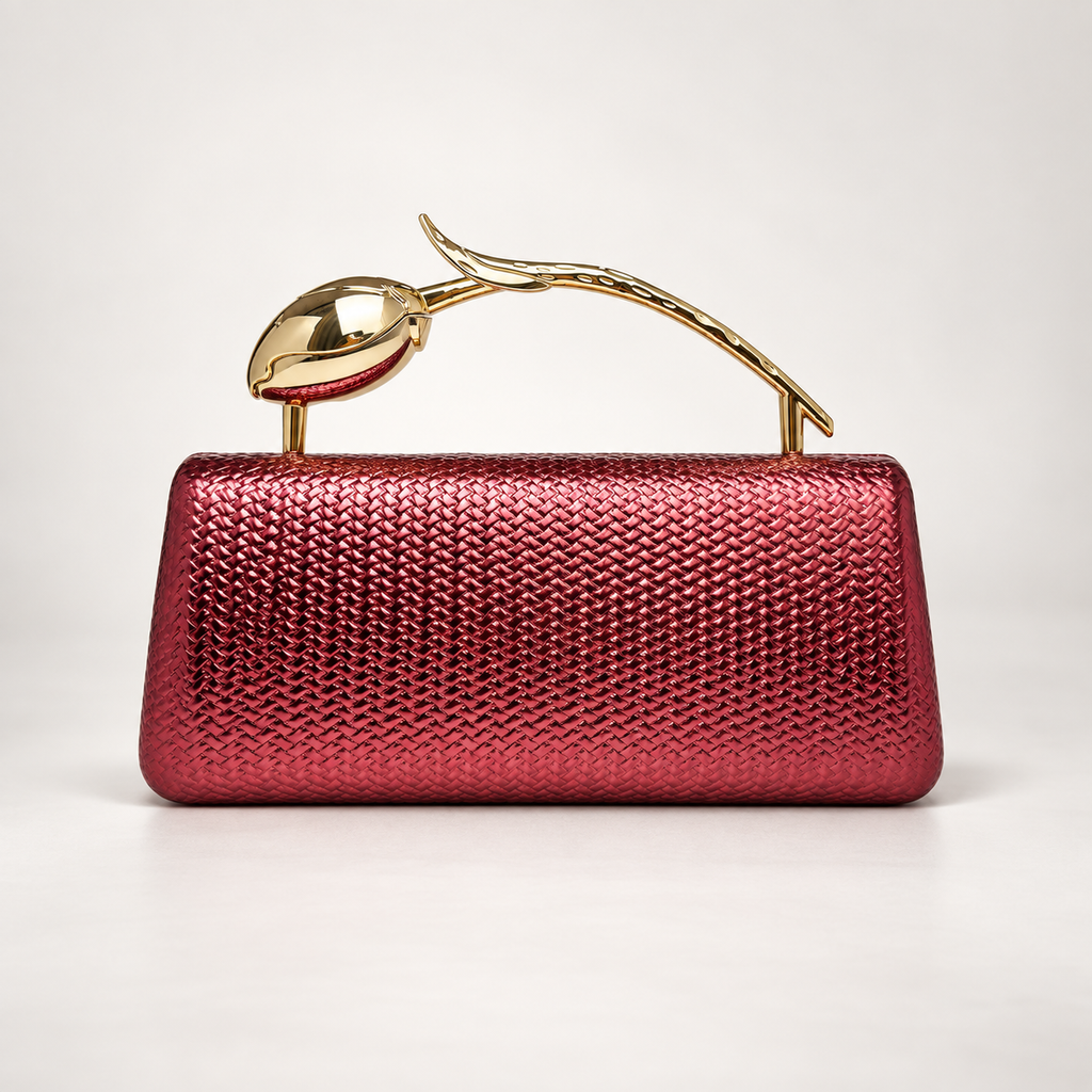Camille Metallic Woven-Texture Evening Clutch with Sculptural Gold Handle