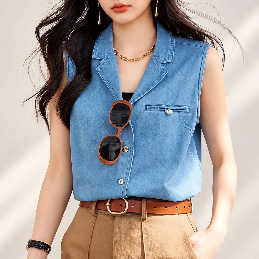 Isabella Sleeveless Denim Button-Front Vest Top