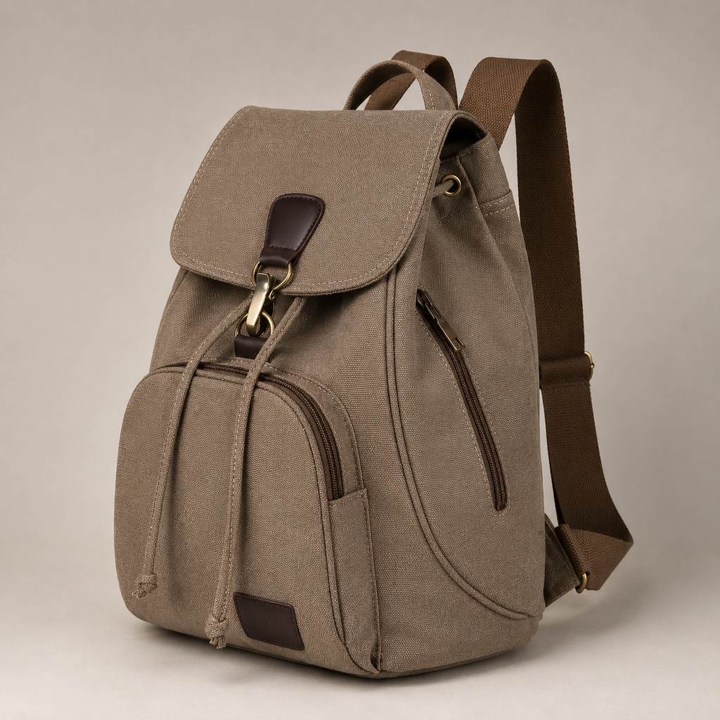 Marlowe Canvas Backpack – Drawstring Flap Rucksack with Front & Side Zip Pockets