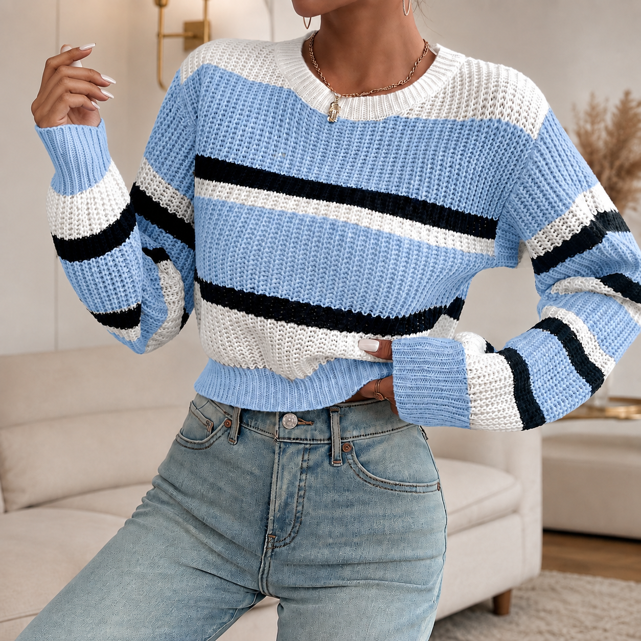 Elodie Striped Knit Crew Neck Sweater for Women