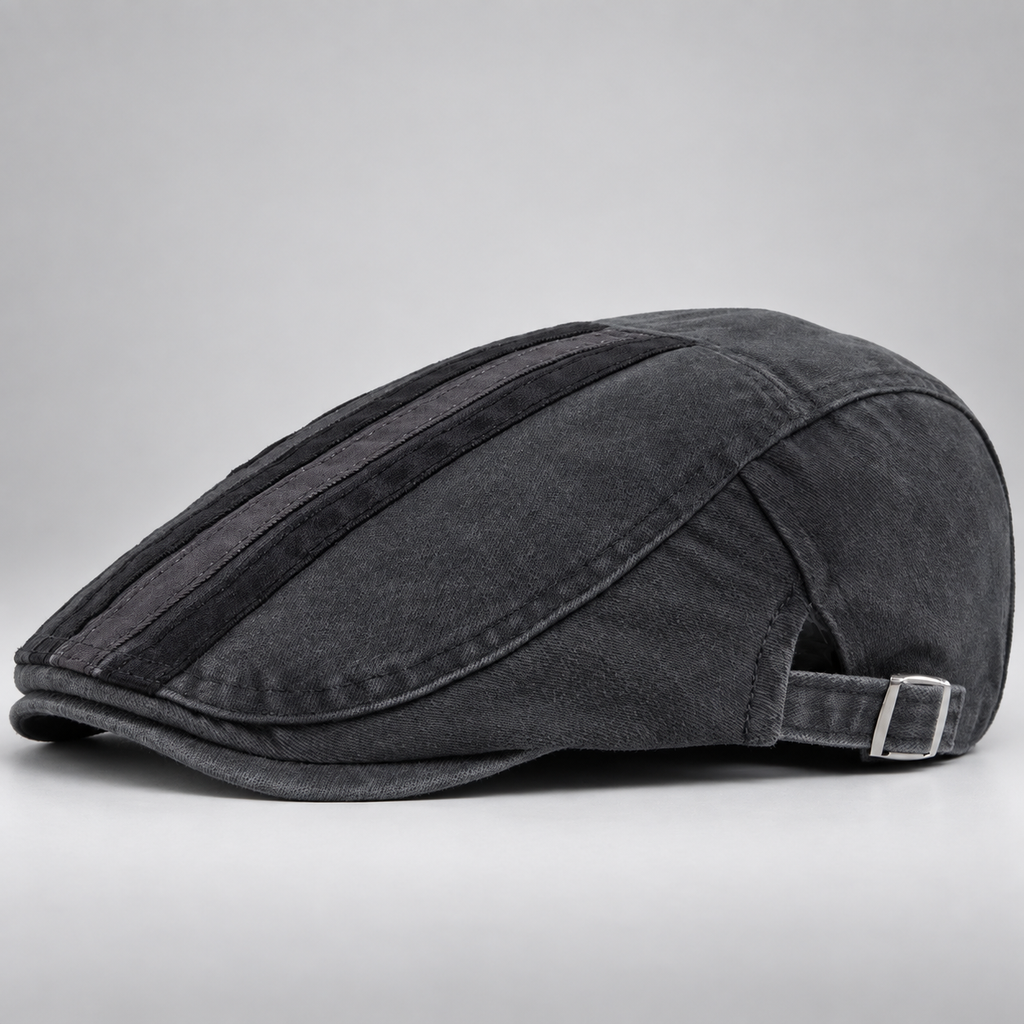 Alistair Washed Stripe Flat Cap with Adjustable Buckle