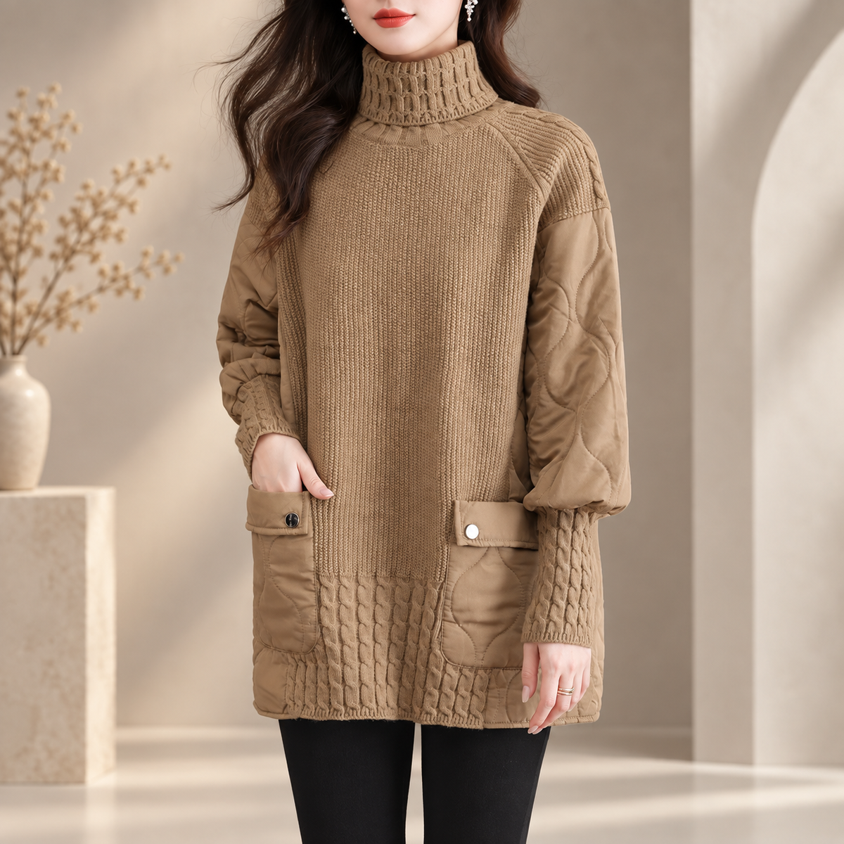 Alessia Women’s Turtleneck Mixed-Media Knit Tunic – Long Sleeve Pullover with Patch Pockets