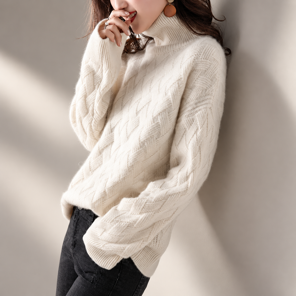 Alessia Women’s Basketweave Knit Turtleneck Sweater