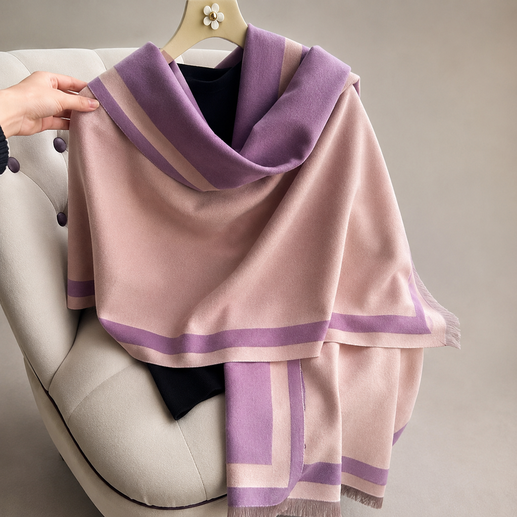 Maribel Color Block Wrap Scarf – Reversible Fringe Shawl