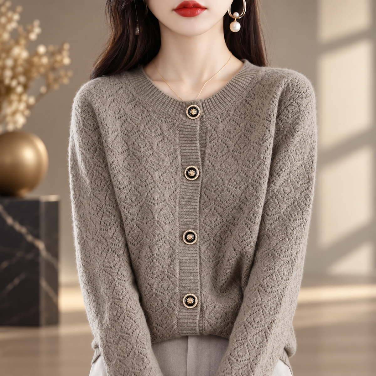 Amelie Women's Pointelle Knit Button-Front Cardigan with Decorative Buttons