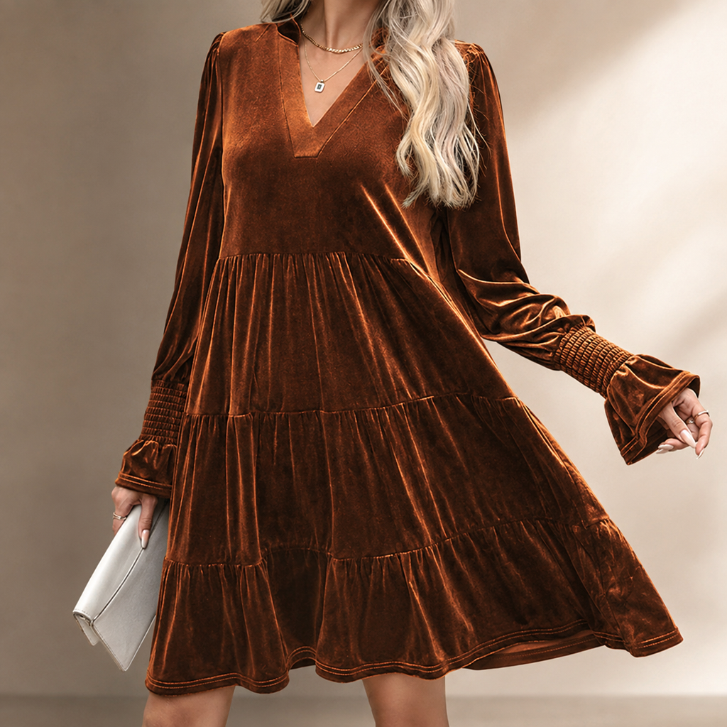Rosalie Velvet Tiered Mini Dress – Long Sleeve V-Neck Dress with Smocked Cuffs