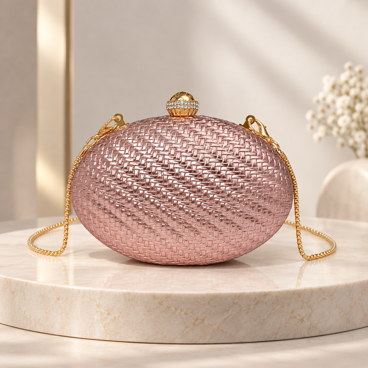 Siena Oval Woven Evening Clutch with Crystal-Accent Clasp