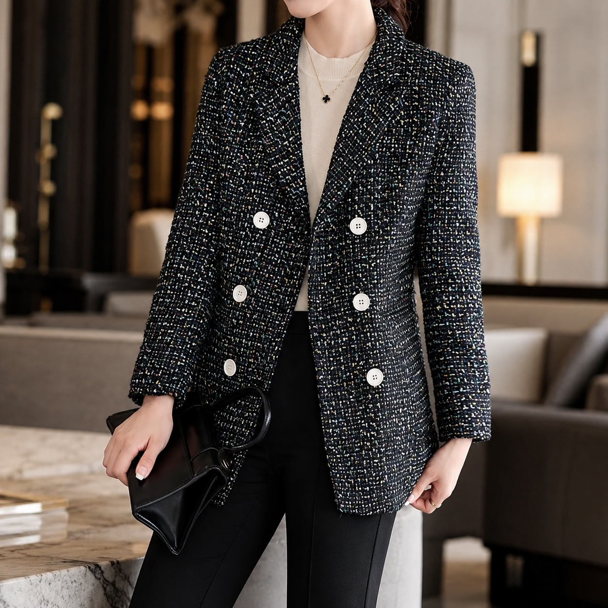 Genevieve Textured Tweed Double-Breasted Blazer for Women