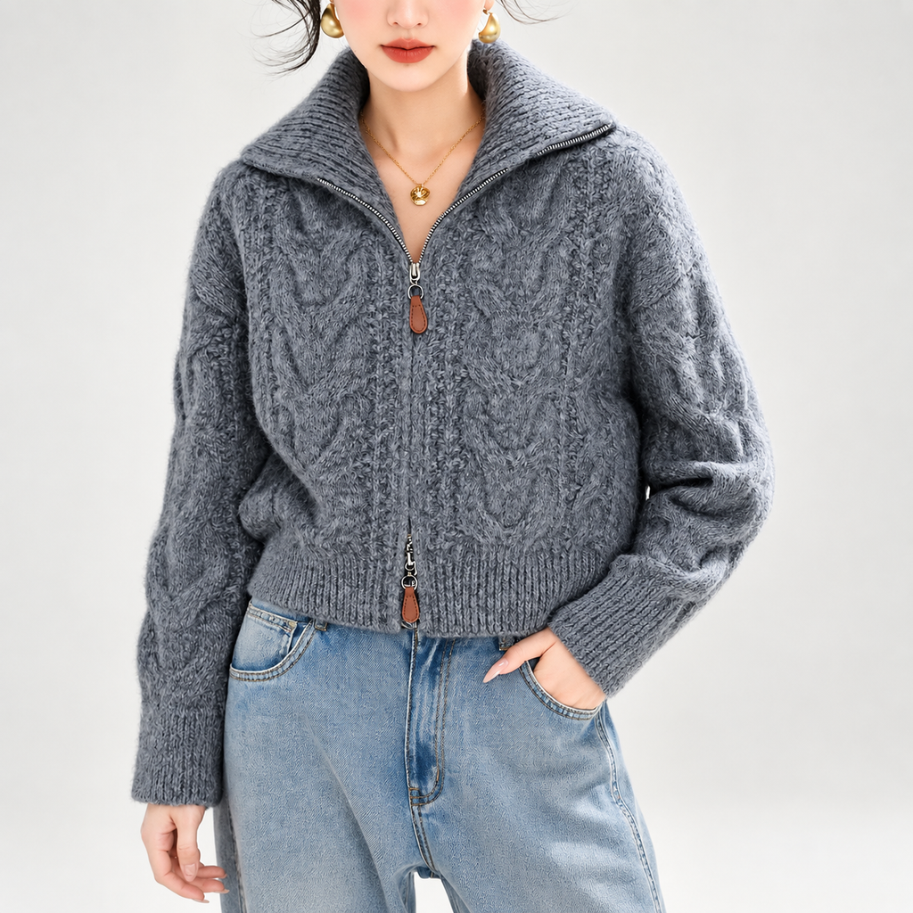 Elena Women’s Cable Knit Zip Cardigan with Stand Collar