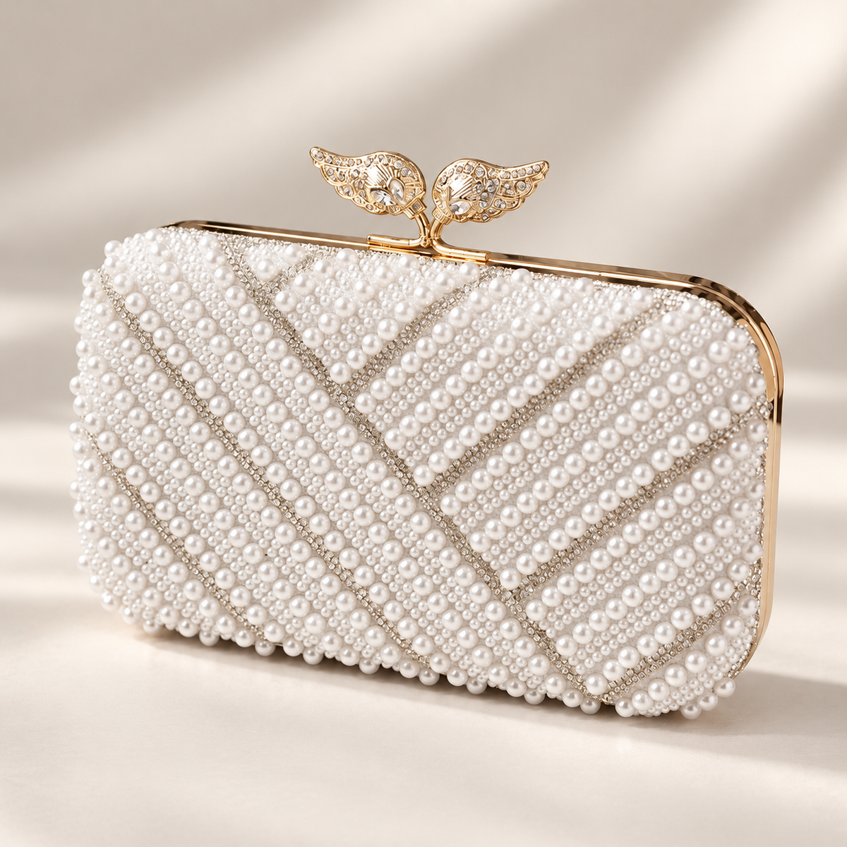 Rosalie Pearl Beaded Evening Clutch with Leaf Top Clasp