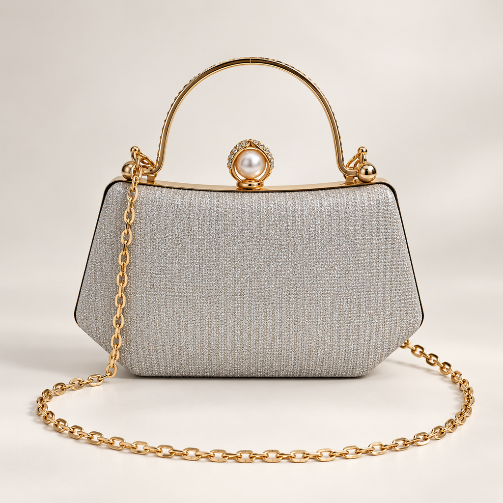 Elodie Pearl Clasp Glitter Evening Handbag with Chain Strap