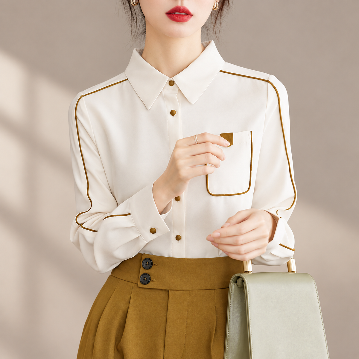 Isabella Women’s Contrast Piping Button-Down Blouse