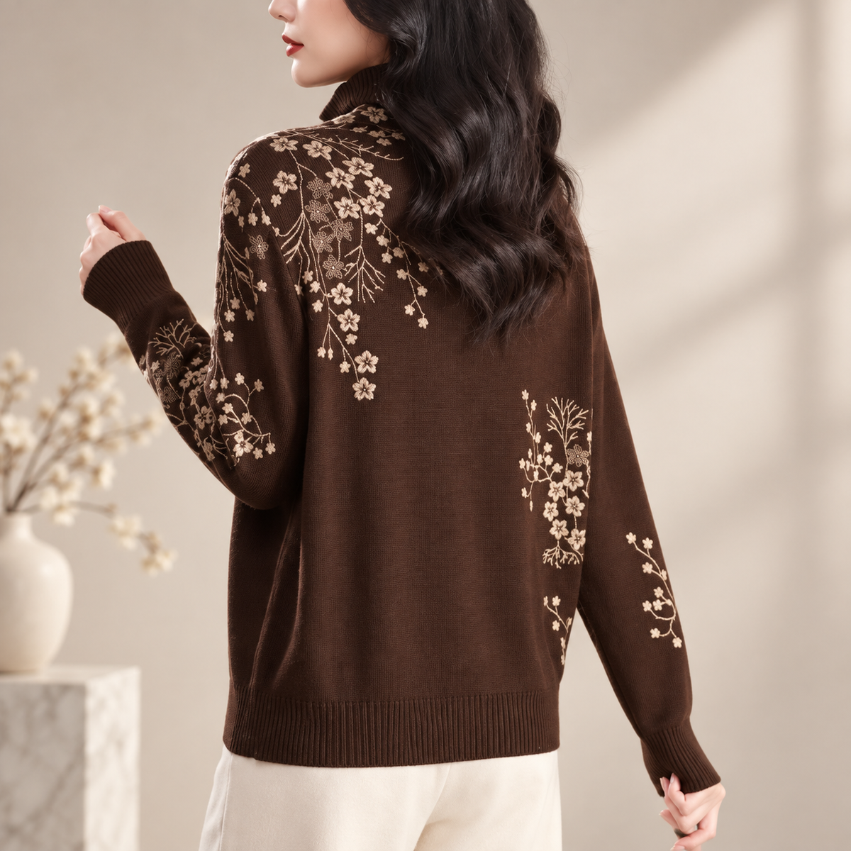 Arabella Women's Floral Turtleneck Knit Sweater with Long Sleeves