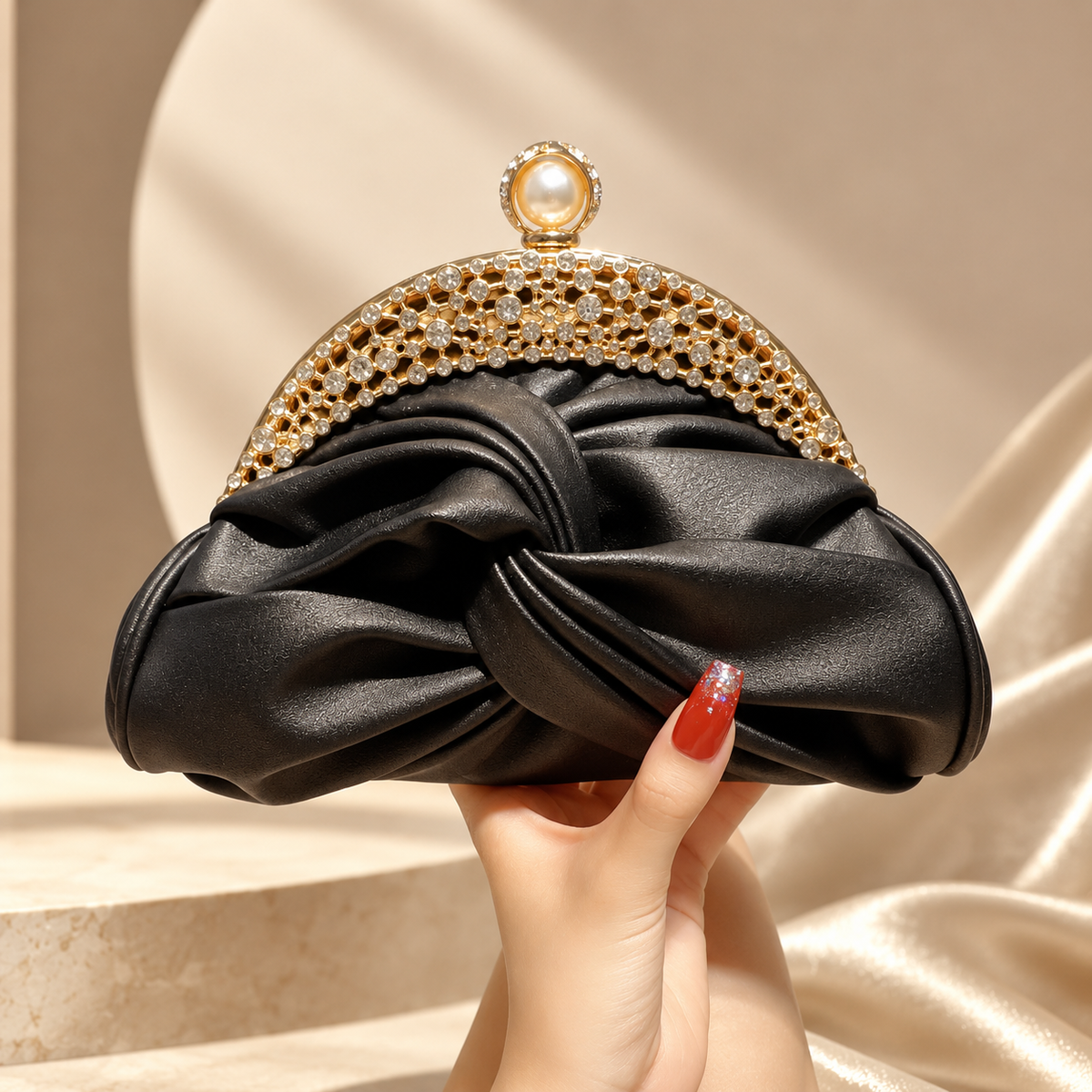 Bianca Ruched Satin Evening Clutch with Crystal Frame & Pearl Clasp