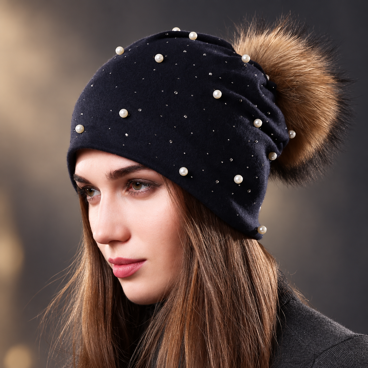 Cambria Women’s Pearl Embellished Slouch Beanie – Fur-Look Pom Winter Hat