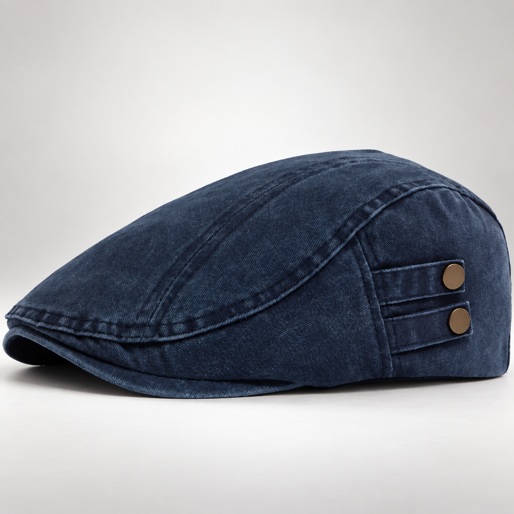 Bennett Washed Cotton Flat Cap with Side Button Detail