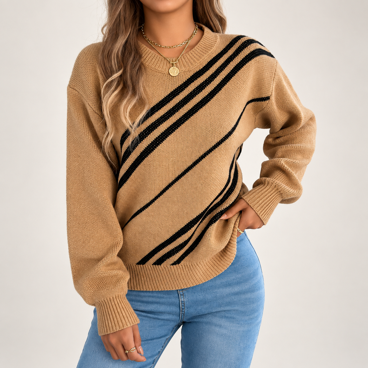 Sienna Women’s Diagonal Stripe Crewneck Knit Sweater
