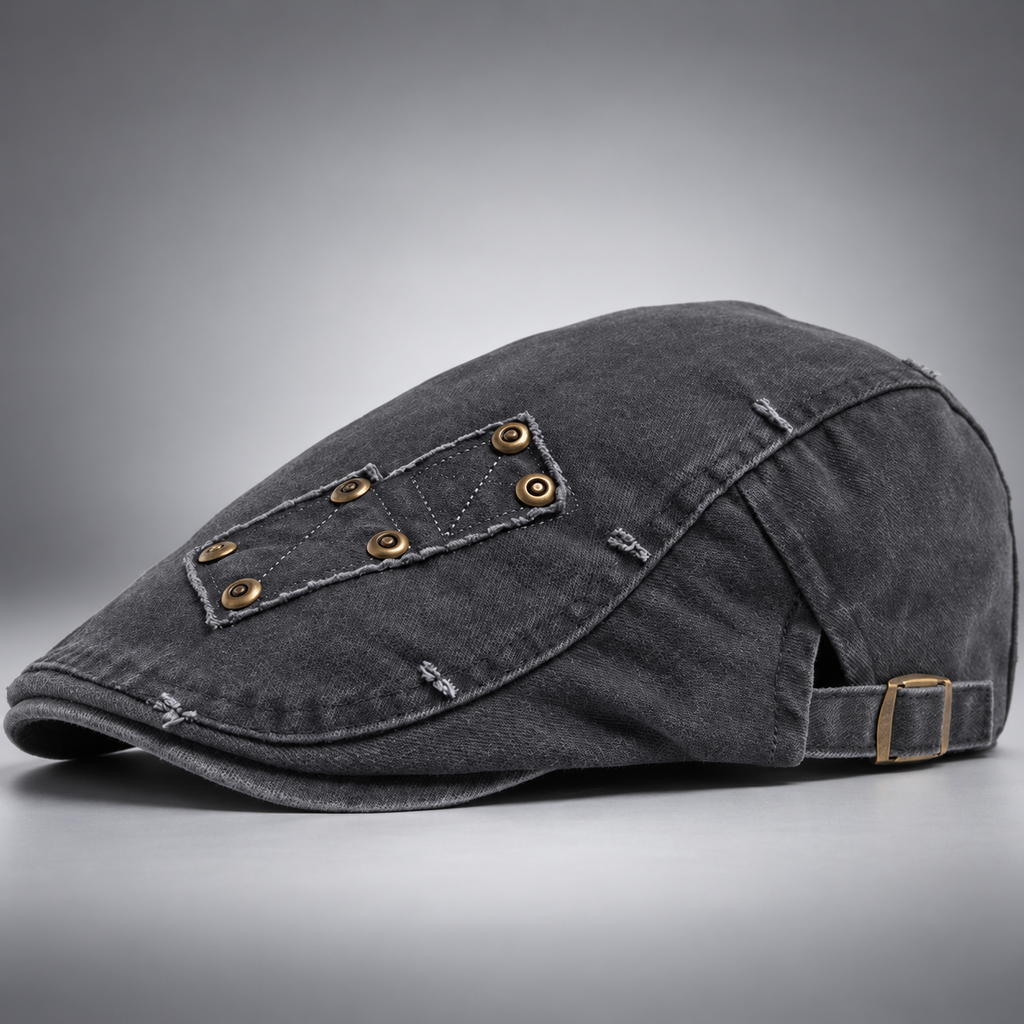 Callum Washed Flat Cap with Rivet Patch and Adjustable Buckle