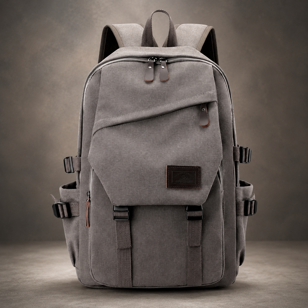 Harrison Canvas Backpack – Multi-Pocket Travel Rucksack with Front Flap Pocket