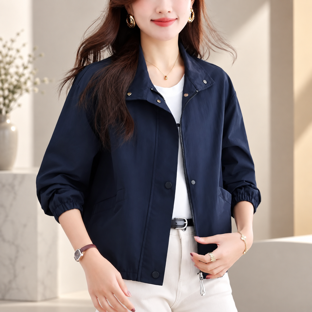 Juliette Women’s Lightweight Zip Front Jacket – Stand Collar Long Sleeve Casual Coat