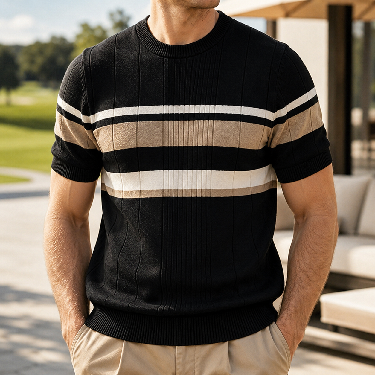 Graham Men's Striped Ribbed Knit Short Sleeve Sweater