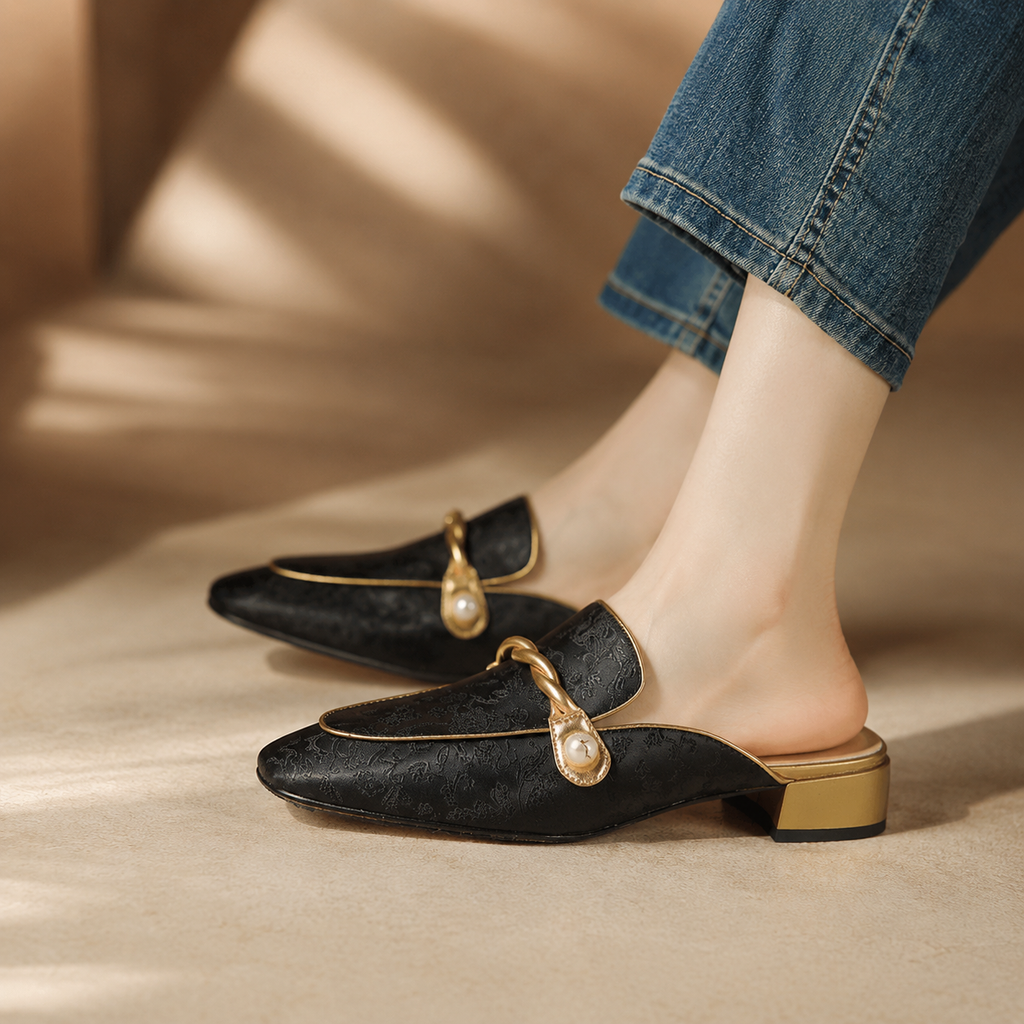 Bianca Satin Floral Mules for Women – Low Heel Slip-On Dress Shoes