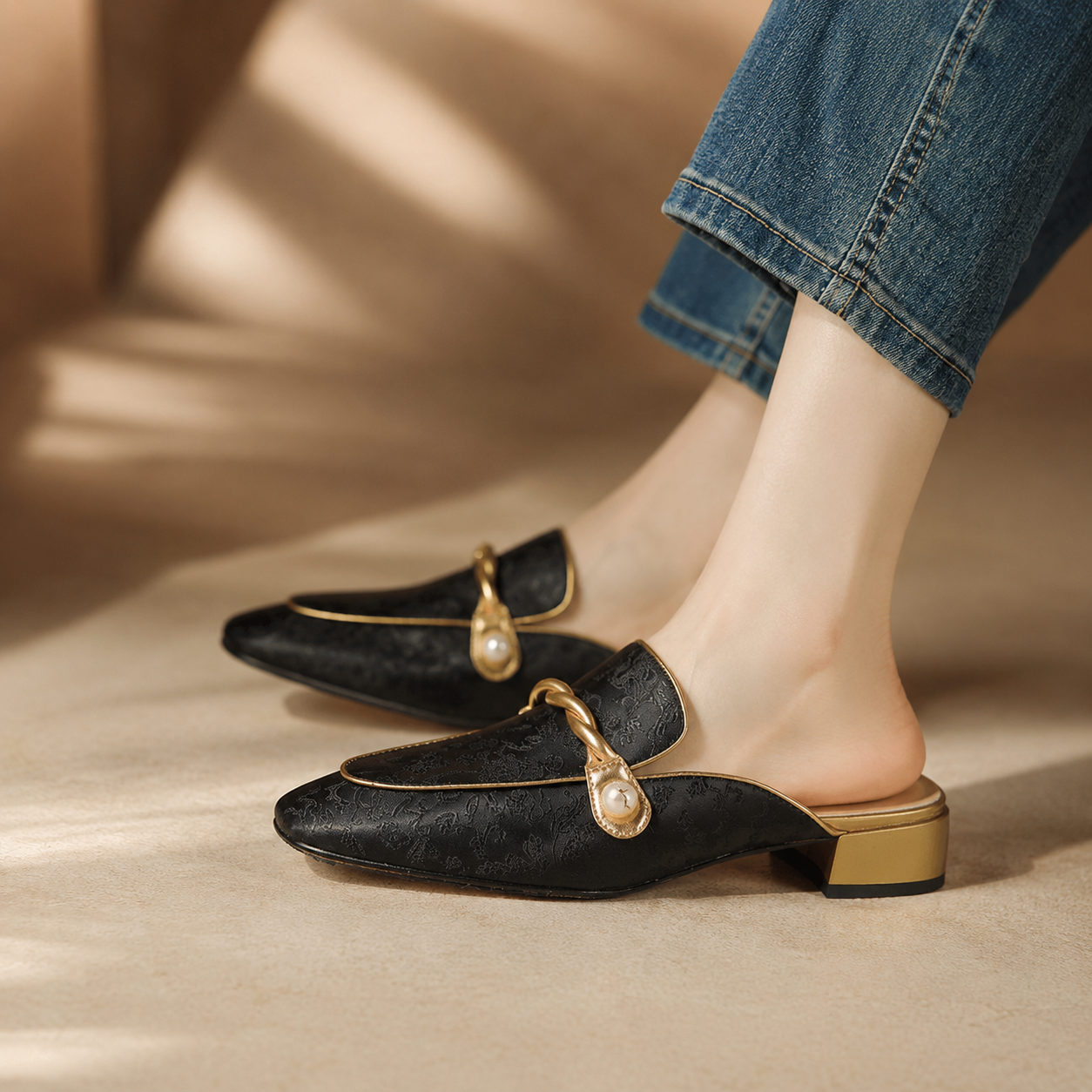 Bianca Satin Floral Mules for Women – Low Heel Slip-On Dress Shoes